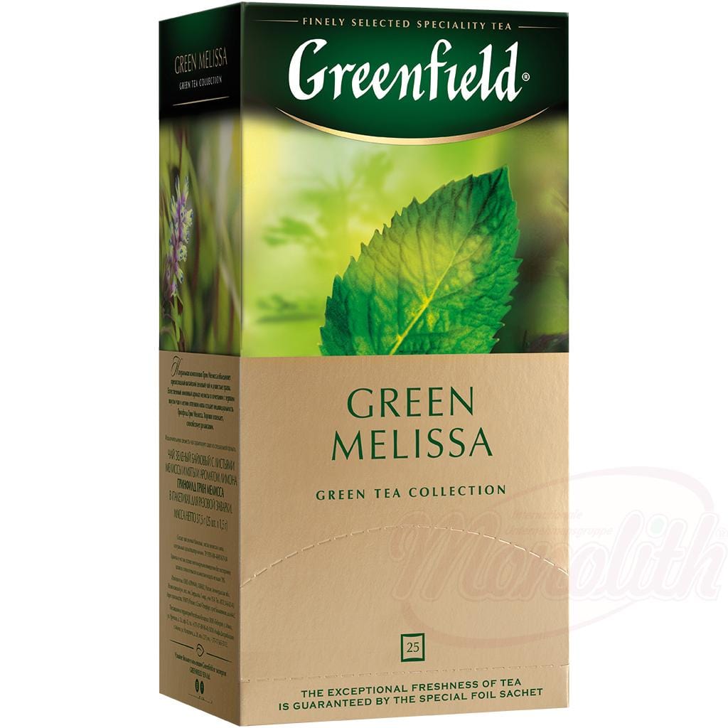 OURS MARKET Thé vert avec mélisse et menthe "Greenfield Green Melissa", aromatisé - citron. 25 x 1,5 g
