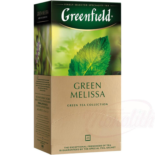 OURS MARKET Thé vert avec mélisse et menthe "Greenfield Green Melissa", aromatisé - citron. 25 x 1,5 g