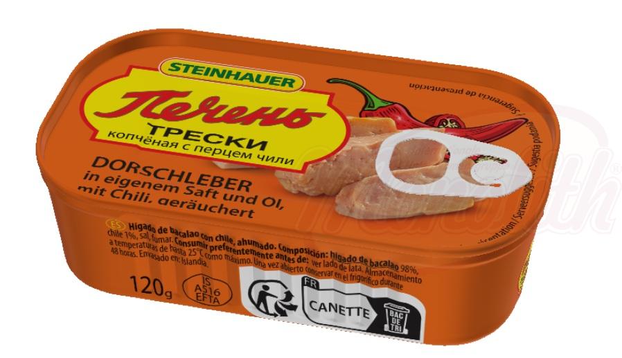 Foie de morue dans son propre jus et huile, au piment, fumé