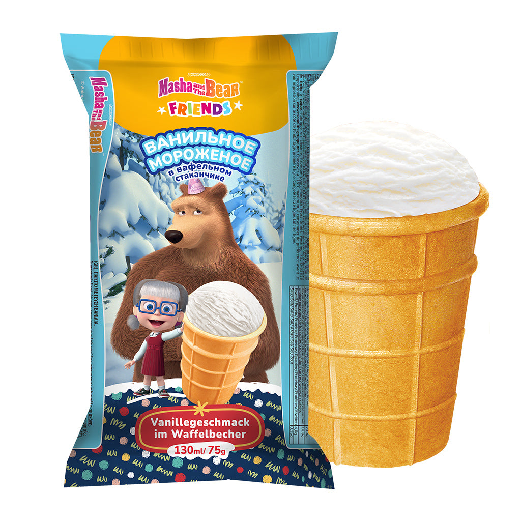 OURS MARKET MASHA AND THE BEAR Glace à la vanille – gobelet gaufré prêt à déguster, 130 ml