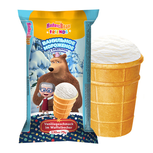 OURS MARKET MASHA AND THE BEAR Glace à la vanille – gobelet gaufré prêt à déguster, 130 ml
