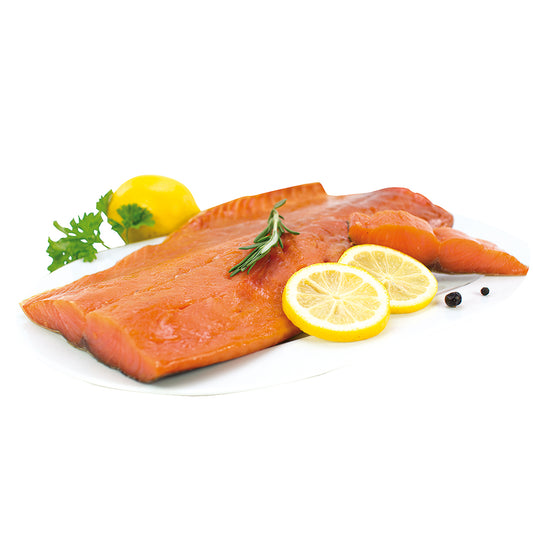 OURS MARKET Nascha Riba Saumon fumé à froid sous vide – filet tranché, fumage net (vente au poids)