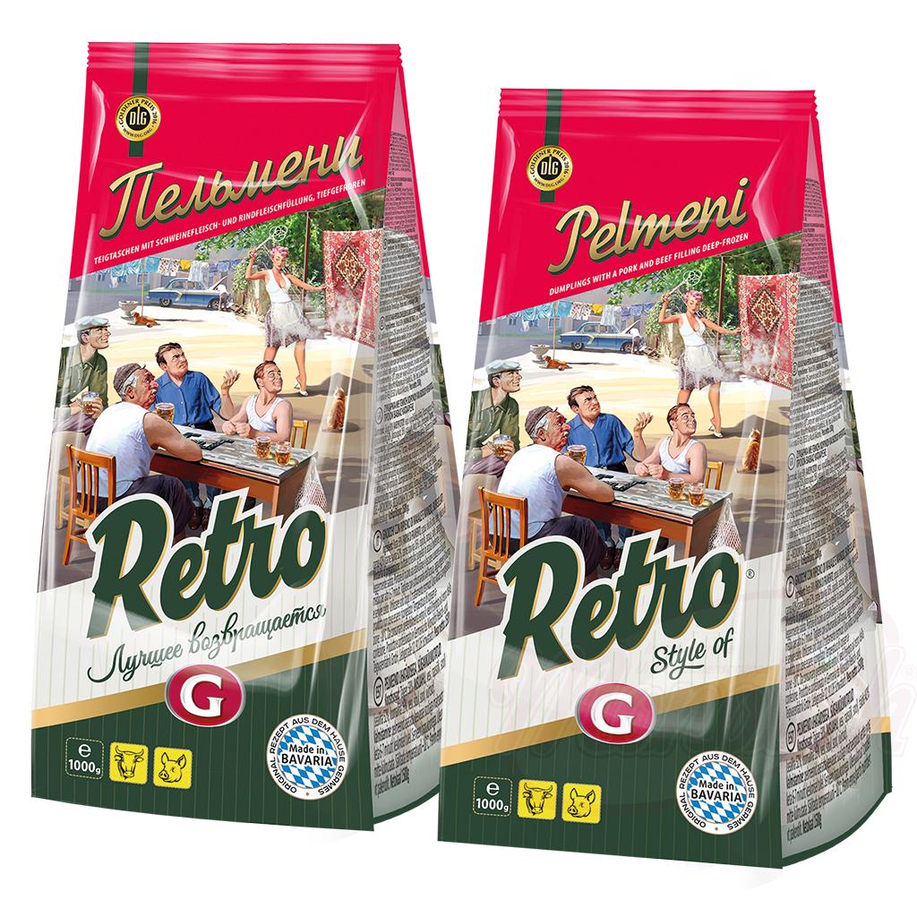 Chaussons "RETRO - Pelmeni 1000g" fourrés au porc et au bœuf, surgelés - OURS MARKET