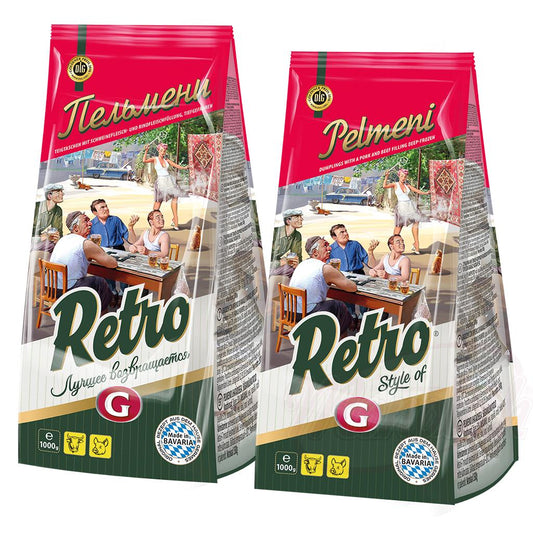 Chaussons "RETRO - Pelmeni 1000g" fourrés au porc et au bœuf, surgelés - OURS MARKET
