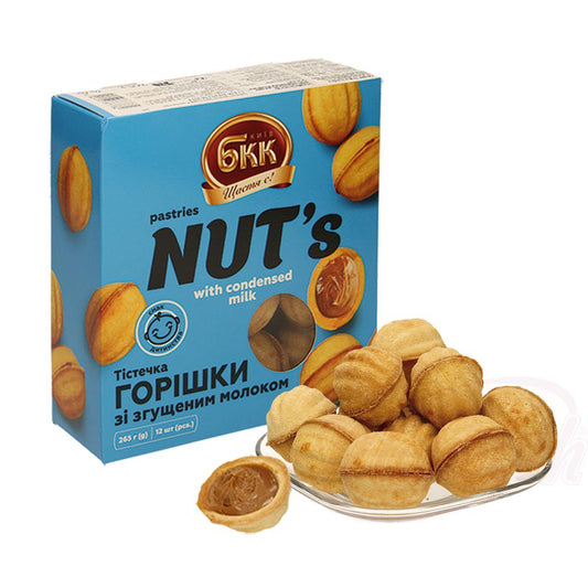 "Oreshki" biscuits fins en forme de noix fourrés à 52,5% de produit laitier condensé caramélisé sucré, surgelés