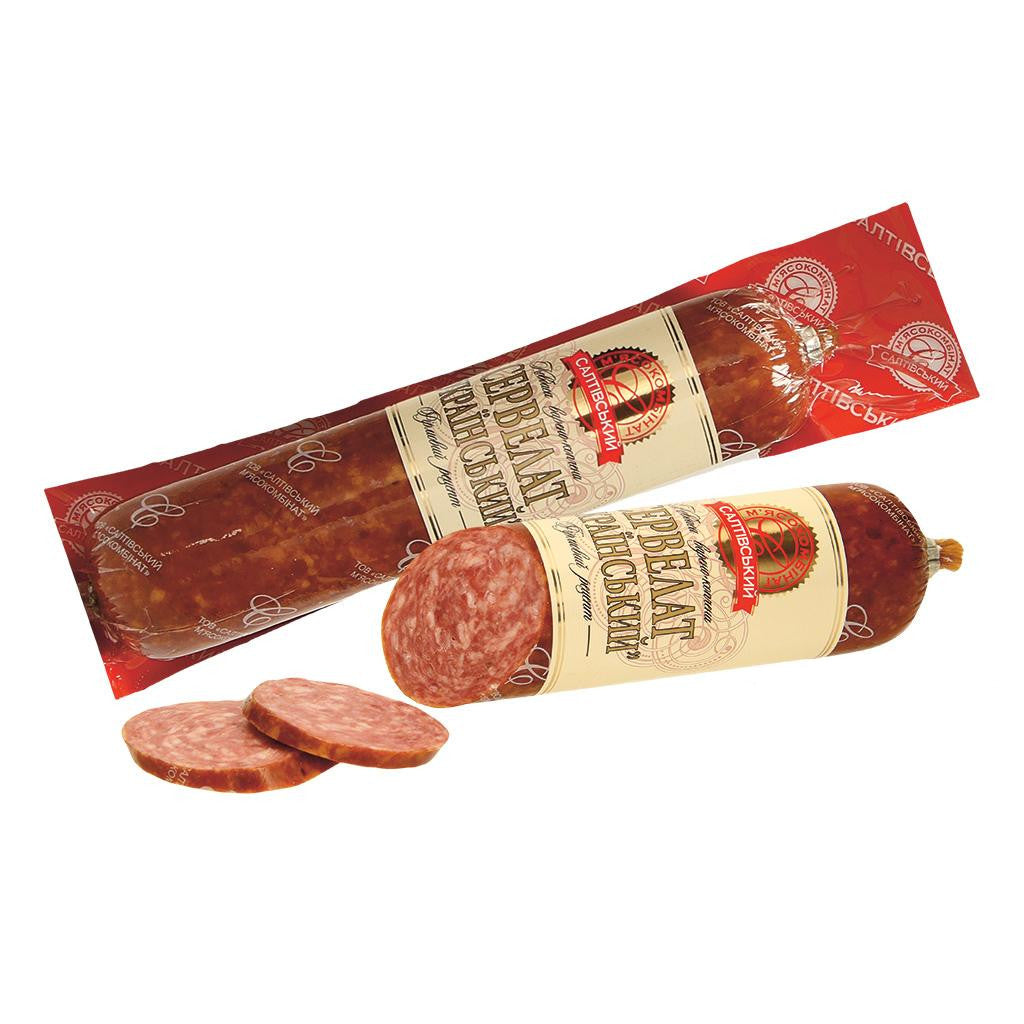Saltiwski Mjasokombinat Servelat "Ukrainskij" - saucisse de porc bouillie et fumée, à l’ukrainienne