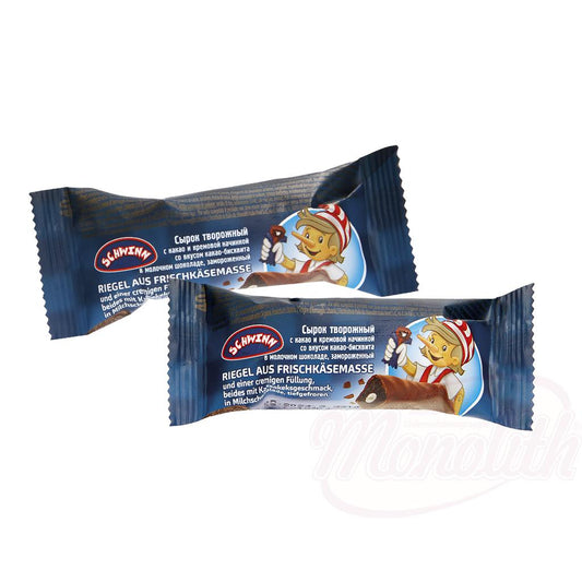 Barre de fromage frais avec fourrage crémeux, barre et fourrage au goût de biscuit au cacao, nappage au chocolat au lait, surgelé