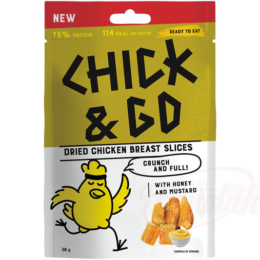 "CHICK & GO" Tranches de filet de poitrine de poulet séchées au goût de moutarde et de miel. Avec du sucre et des édulcorants.-OURS MARKET