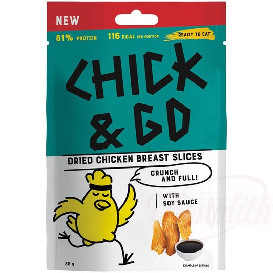 "CHICK & GO" Tranches de filet de poitrine de poulet séchées à la sauce soja. Avec du sucre et des édulcorants.-OURS MARKET